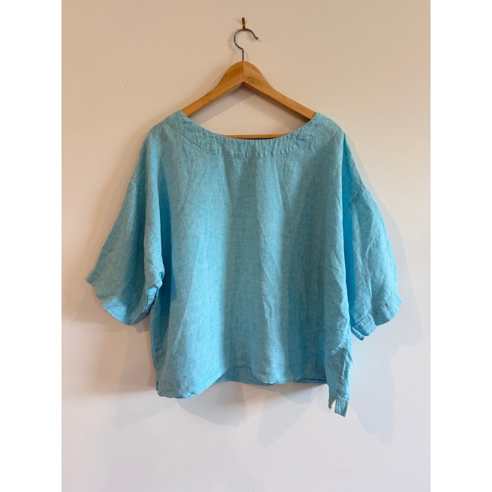 Pure Jill J. Jill Turquoise Blue 100% Linen Boxy Boat Neck Top Medium Oversized
